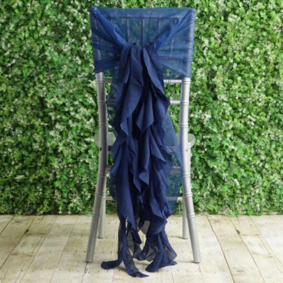 1 Set Navy Blue Chiffon Hoods With Ruffles Willow 250 Chair Sashes - Picture 1 of 3